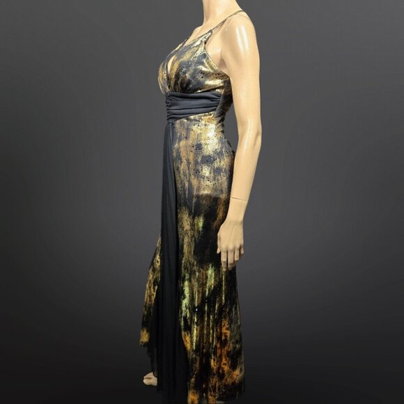 Y2K Art Deco Maxi Dress Womens Size M Gold Glitter Black Slinky Party Cocktail - Picture 9 of 13